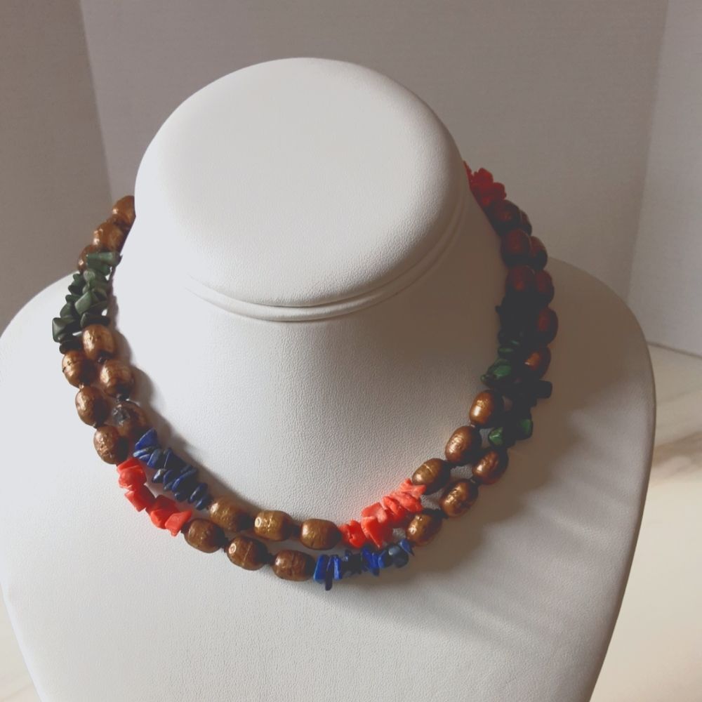 VTG JAPAN COPPER, CORAL, LAPIS, TURQUOISE NECKLACE 32"